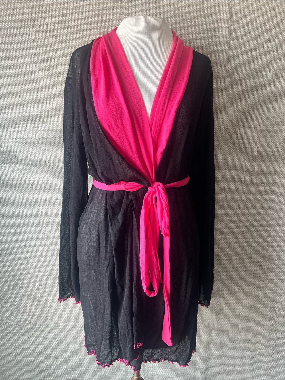 Express Black Sheer Robe with Hot Pink Trim and Tie